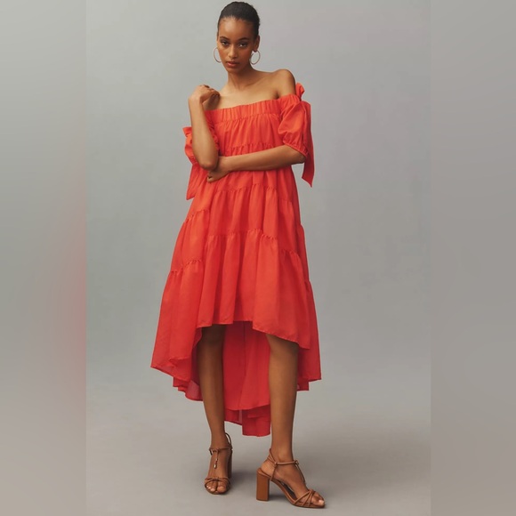 Anthropologie Off-The-Shoulder Tiered High-Low Midi Dress - Picture 2 of 13